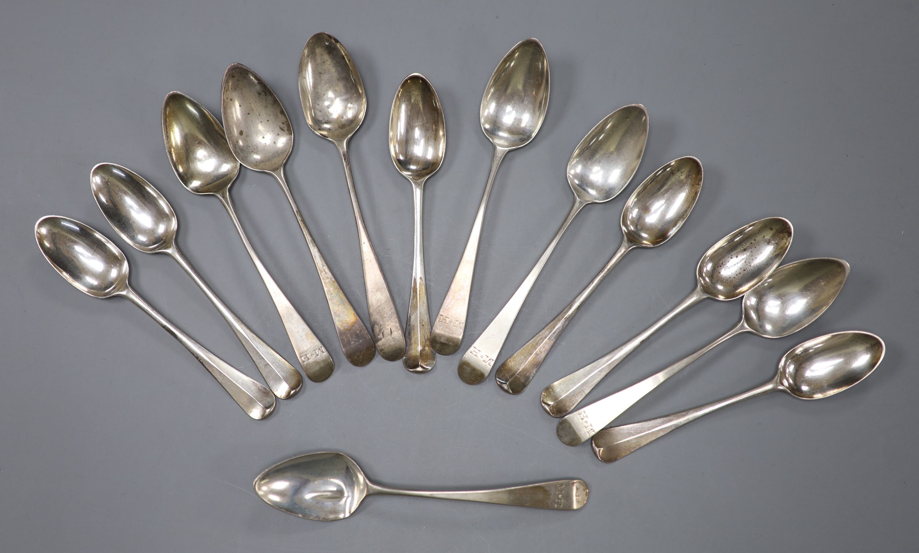 A set of six George III silver Old English pattern teaspoons, by Peter, Ann & William Bateman, London, 1800, one other set of six Georgian silver teaspoons and one Scottish silver teaspoon